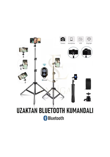 Bluetooth Kumandalı Tripod 2.1 Mt 360 Döner Başlıklı Telefon Tutucu Ring Light Stüdyo Lamba Ayağı