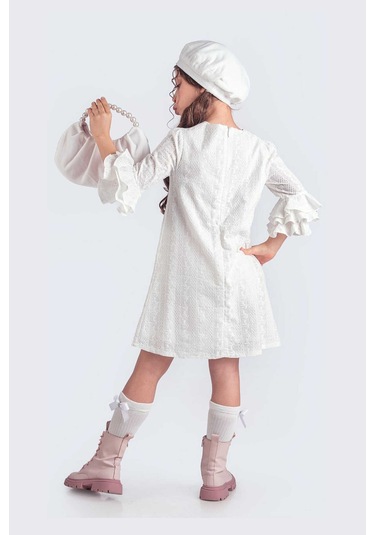 Beyaz Valon Kesim Şapkalı-çantalı Elbise Beyaz