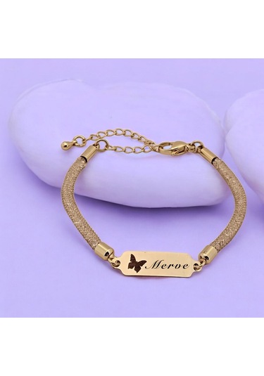 Archin Merve İsmine Özel Kelebek Motifli 14 Ayar Altın Plakalı Hasır Kordonlu Hediye Bileklik-647isim Merve