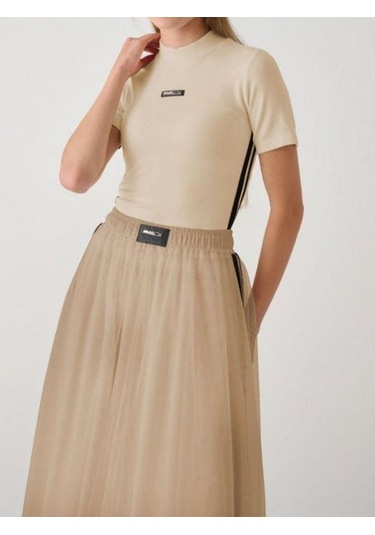 Kız Çocuk Yarım Balıkçı Yaka Tül Tasarım Etekli Takım-14934 Bej