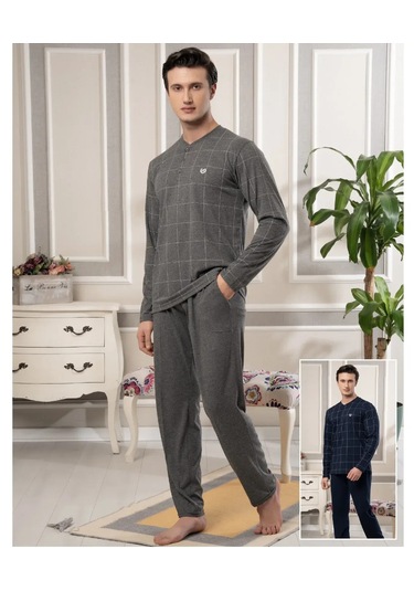 Bone 5873 Mikro Pamuk Uzun Kol Erkek Pijama Takımı Gri