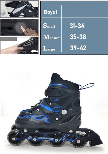 Vadi Mavi Silikon Tekerli Ayarlanabilir Işıklı Paten S 31-34 Hp7128 Mavi - Siyah