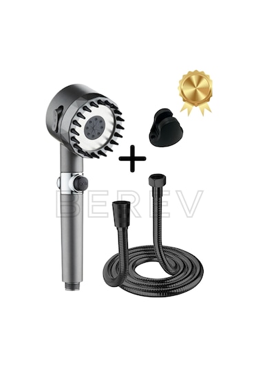 3 Fonksiyonlu Start Stop Tuşlu Filtreli Basınçlı Masaj Etkili Duş Başlığı Siyah Hortum Ve Siyah Mafsal Set Siyah