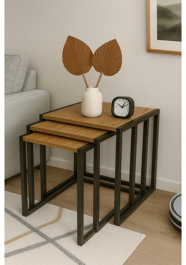 Clevernest 3lü Zigon Sehpa Ahsap Ve Metal - Çam Rengi Çam