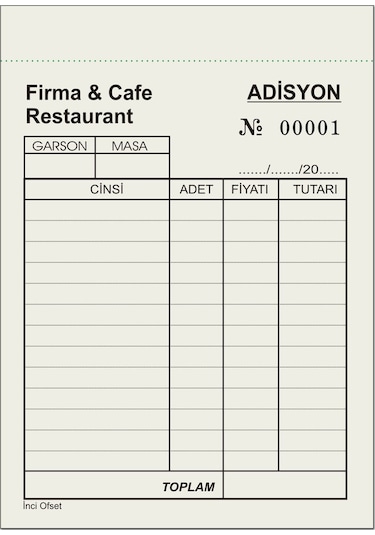 Adisyon Sipariş Fişi Firma Ya Özel Baskı A6 Tek Nüsha 100 Cilt