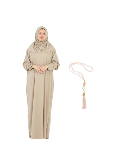 Zarif Namaz Elbisesi Ve Türban Tesbih Set Tesettür Şal Müslüman Kıyafetleri Abaya - Siyah Taş