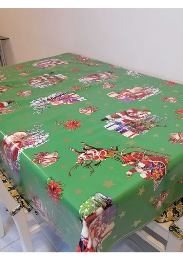 Yeni Yıl Desenli Elyaflı Pvc Muşamba - Silinebilir Masa Örtüsü Yeşil