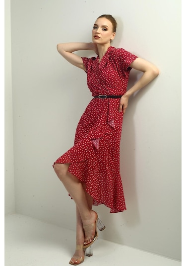 Kadın Kruvaze Yaka Astarlı Çıtır Desen Önü Volanlı Şifon Elbise-40728 Fuşya