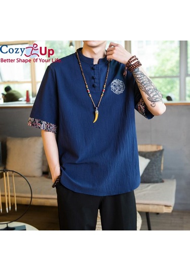 Rahat Up Çin Tarzı 1/2 Kollu Casual Gömlek Erkek İnce Stand Yaka Nakış Pamuk Ve Keten Lacivert