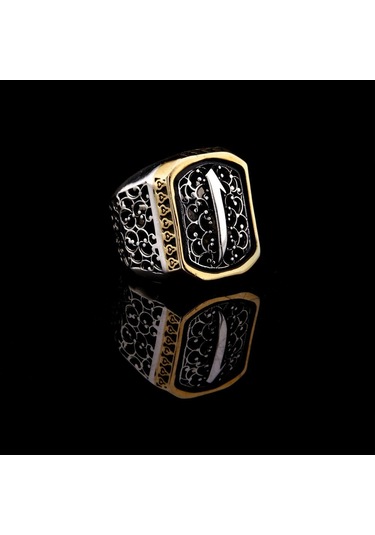 925 Ayar Gümüş Telkari Detaylı Elif İşlemeli Erkek Yüzük Çok Renkli