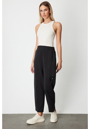 On Kadın Düğme Detaylı Bol Paça Eşofman Altı 64149 Siyah Siyah