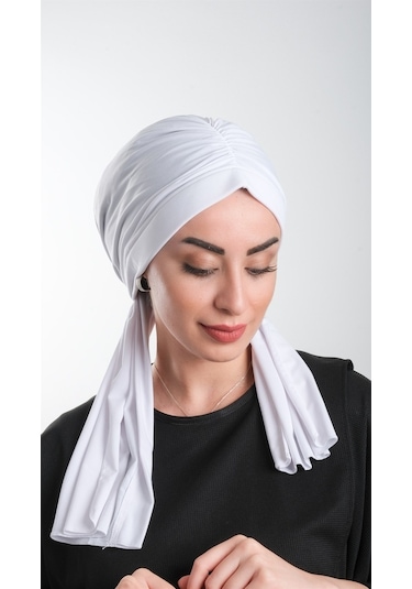 Beyaz Pratik Hazır Geçmeli Tesettür Bone Kesik Elyaf Sade 2111_42 Beyaz