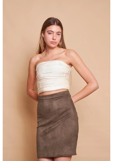 Kadın Hafif Likralı Süet Kumaş Yüksek Bel Diz Üstü Kalem Etek-haki Haki