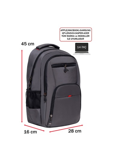 Dada 06 Apple Mocbook Uyumlu Usb Aparatlı Gri Laptop Sırt Çantası 14 İnç Darbe Emici Koruma