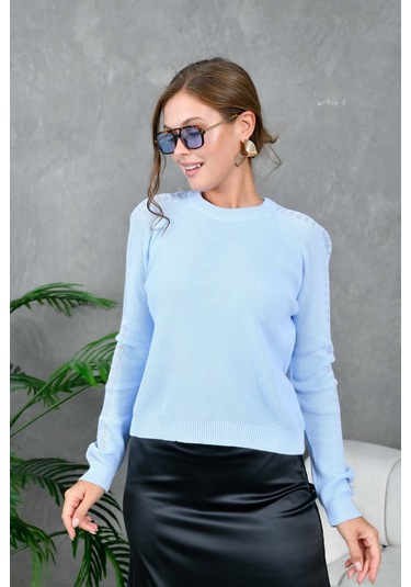 Kadın Bisiklet Yaka Kolları Ajurlu Basic Triko Kazak Bebe Mavi