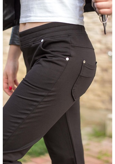 Kadın Siyah Ön Arka Cep Gizli İpli Lastikli Rahat Pantolon Eşofman Altı 21KESAPANT Siyah