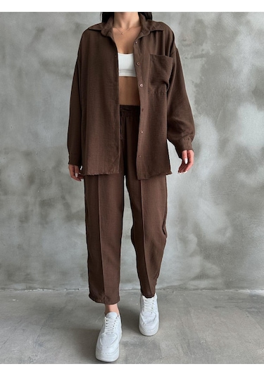 Kadın Oversize Keten Gömlek Pantolon Alt Üst Takım Kahverengi Kadın Oversize Keten Gömlek Pantolon Alt Üst Takım Kahverengi