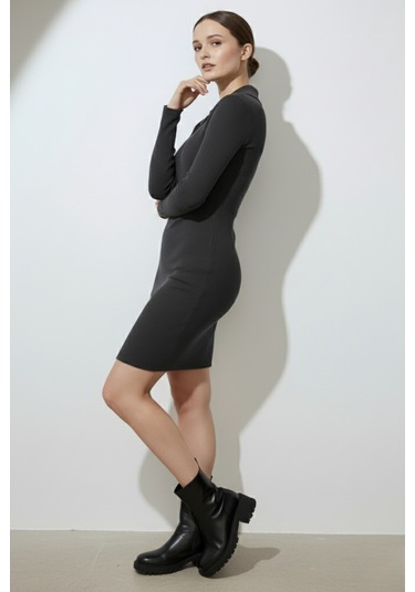 Kadın Fermuarlı Polo Yaka Gri Elbise Çok Renkli