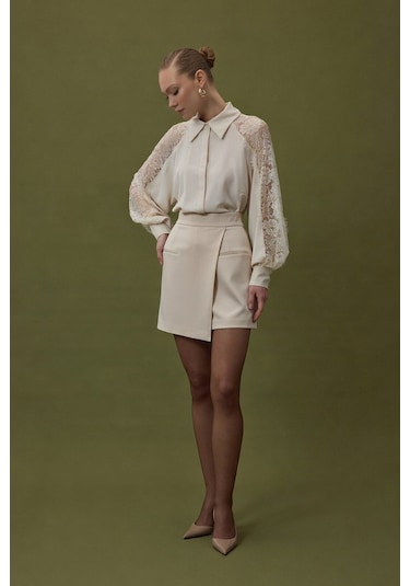 Sateen Talia Şort Etek - Bej-137064 Bej