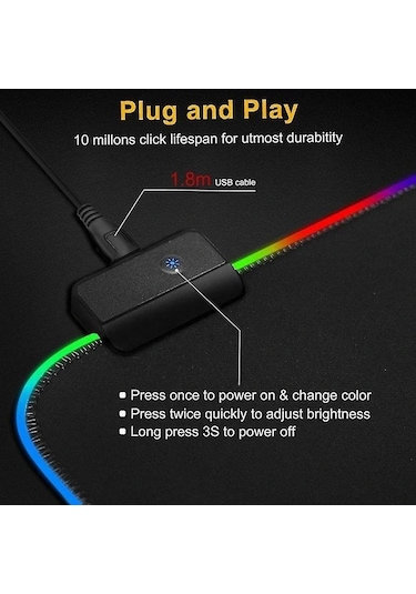 Led Aydınlatmalı Oyuncu Mouse Pad'i - Rgb - Boyut Seçin Siyah 80x30 Cm