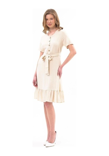 Apsen Kadın Elbise Bej Renk Önden Düğme Detaylı Yazlık Midi Elbise 4437-105 Bej
