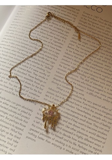 Pembe Taşlı Göz Çelik Kararmaz Gold Kolye