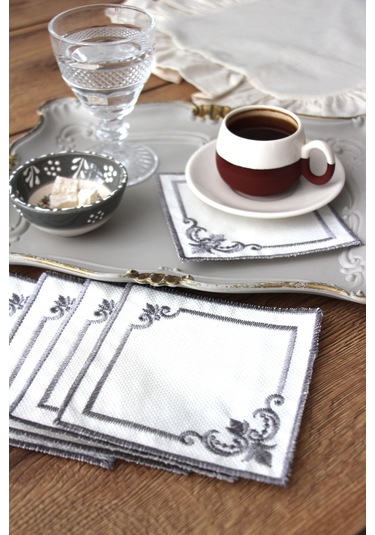 Köşeli 6'lı Kokteyl Kahve Sunum Peçetesi Nakış İşlemeli Gardenya Sunumluk Gri