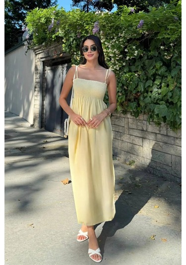 Uzun Pamuklu Yaz Elbisesi Askısı Bağlamalı Astarsız 4301 Sarı