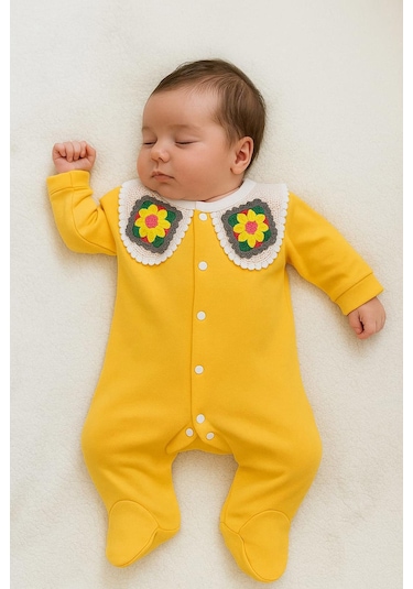 Kız Bebek Wintage Örgü Yaka Detaylı Tulum %100 Pamuk Sarı