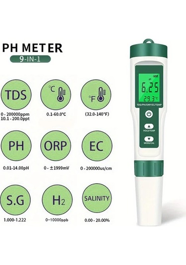 Meridiangoods Yeşil 9'u 1 Arada Su Kalitesi Test Kalemi Ph Orp Ec Tds Sıcaklık Ölçer Taşınabilir