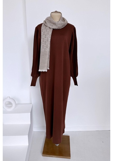 Balon Kol Merserize Elbise - Kahverengi