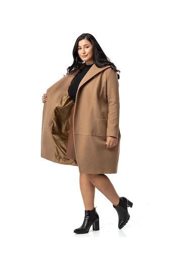 Büyük Beden Torba Cepli Tek Düğmeli Astarlı Vizon Kaşe Kaban-vizon Vizon