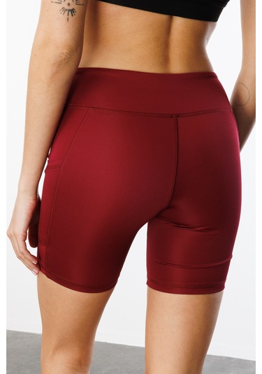 Yüksek Bel Toparlayıcı Çift Cepli Biker Şort Kısa Spor Tayt Kısa-tayt Bordo