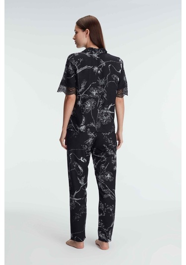 Man9895-1002 Anıl Ev Giyim Anıl 9895 Yarım Kollu V Yaka Kadın Viskon Çiçek Desenli Yazlık Dokuma Dan Siyah