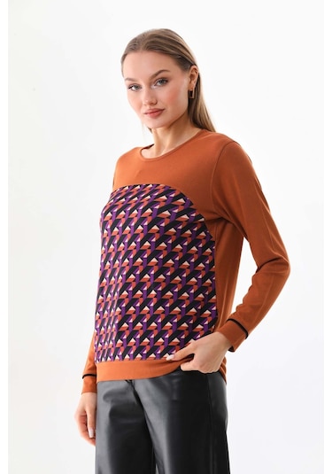 Sistas Kadın Desenli Uzun Kol Bluz 23618 Camel