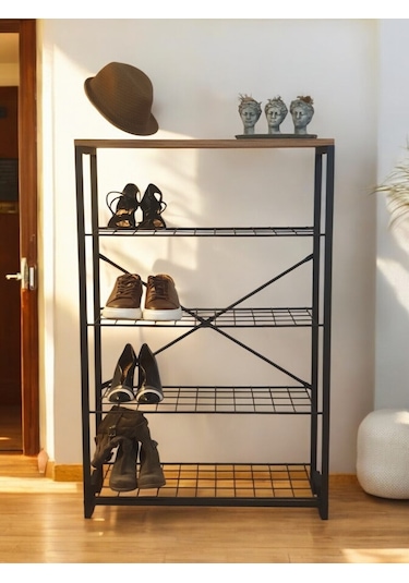 5 Metal Raflı Ahşap Tablalı Dresuar Salon Sehpa Ve Ayakkabılık Siyah