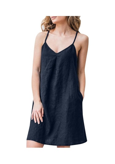 Lacivert Zanzea Bayan Yaz Kolsuz V Yaka Pamuk Basic İnce Mini Kayma Elbise