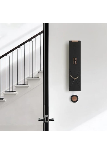 Cajuart Modern Uzun Ahşap Siyah Çarpraz Çizgili Sarkaçlı Duvar Saati