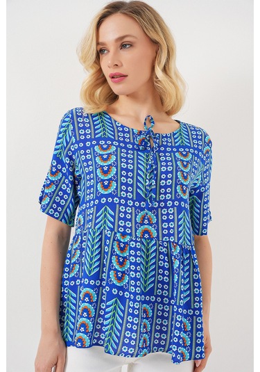Kadın Desenli Kısa Kol Bluz 969 - Saks Saks