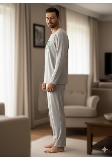 Erkek Uzun Kol Pijama Takım Açık Gri