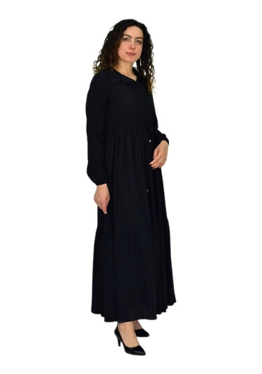 Kadın Uzun Kol Lastikli Kabartma Çizgili Elbise Bgl-st04676 siyah