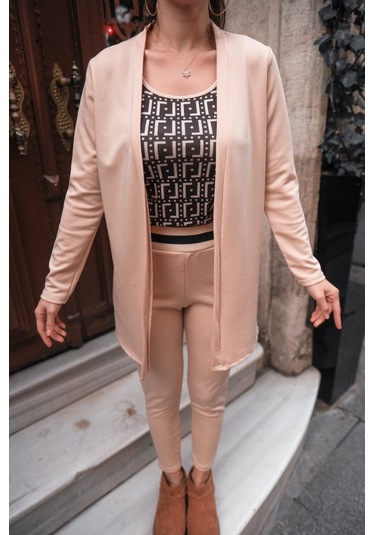 Gülsüm Aydın Kadın Uzun Kollu Krep Üçlü Takım Bej