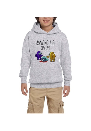 Among Us Discuss Gri Çocuk Kapşonlu Sweatshirt Gri