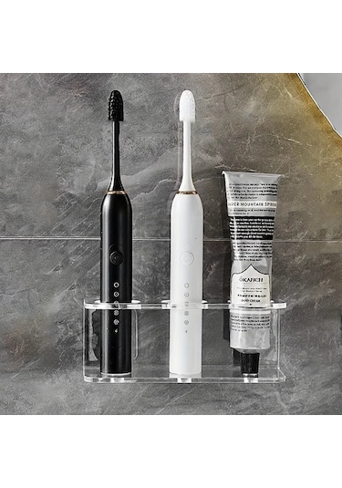 Lumaworld 2/3 Yuvalı Modern Duvar Askılı Diş Fırçası Tutucu - Transparan 2 Delikli, Delme Montaj Şeffaf