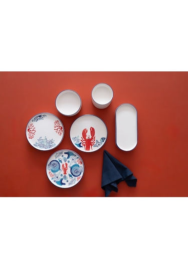Kevin Seramik Hand Made 14 Parça 6 Kişilik Mercan Kahvaltı Takımı Beyaz - Kırmızı
