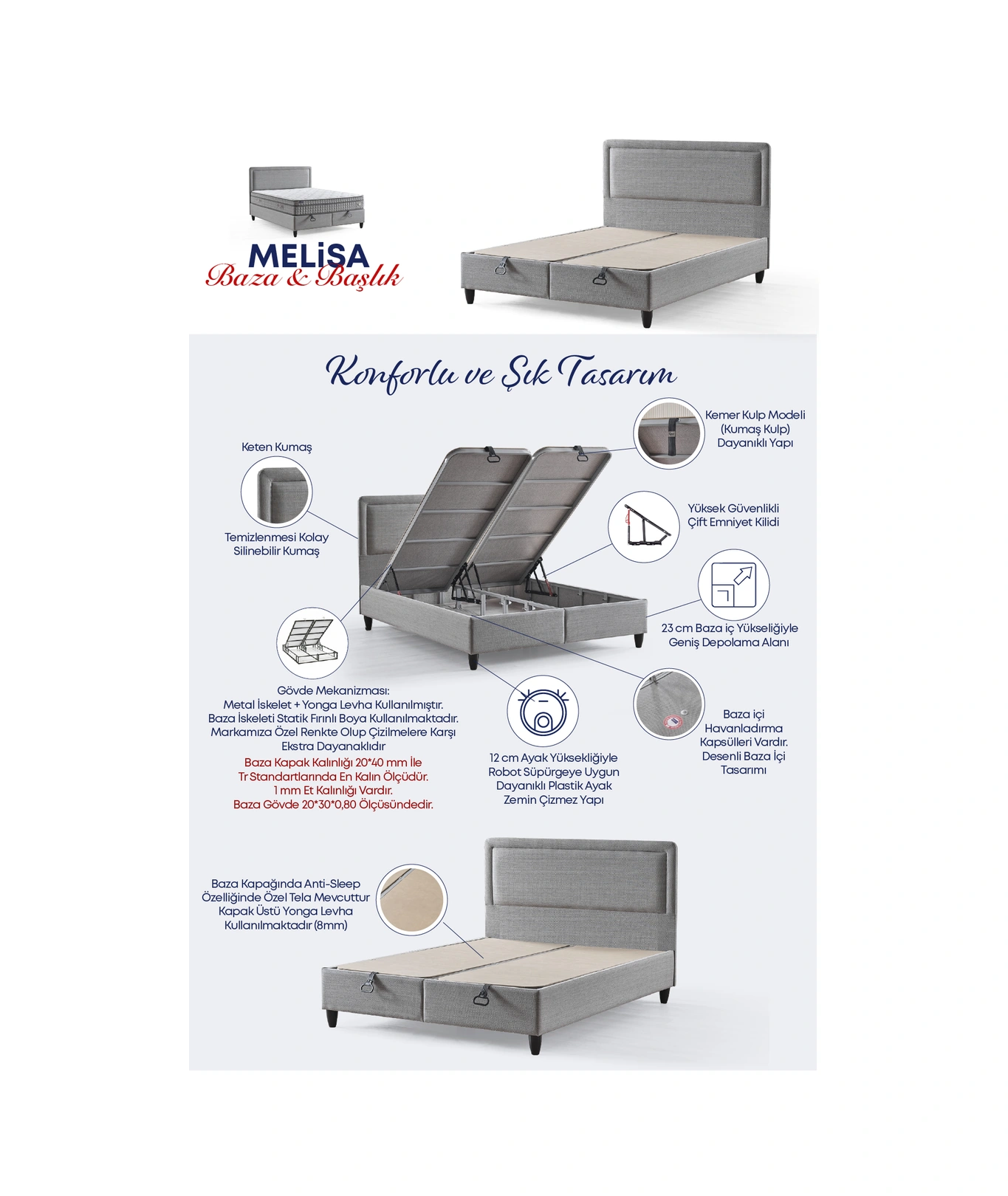 Melisa Çift Kişilik Sandıklı Baza + Full Ortopedik Antibakteriyel Paket Yaylı Visco Yatak + Başlık 3 Lü Set 180 x 200