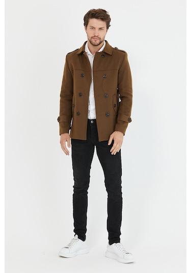 Mero Life Erkek Taba Kemerli Kaşe Kaban Trenç Model Taba