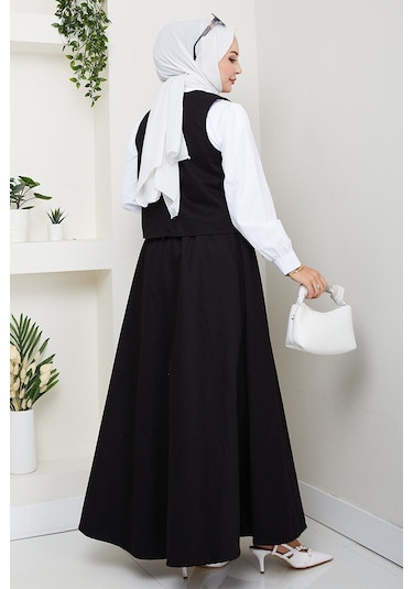 İkili Gabardin Yelek Etek Takım 1400 - Siyah Siyah