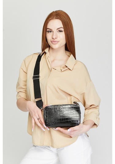 Morpelikan Siyah Kroko İki Bölmeli Kadın Omuz Çantası Siyah