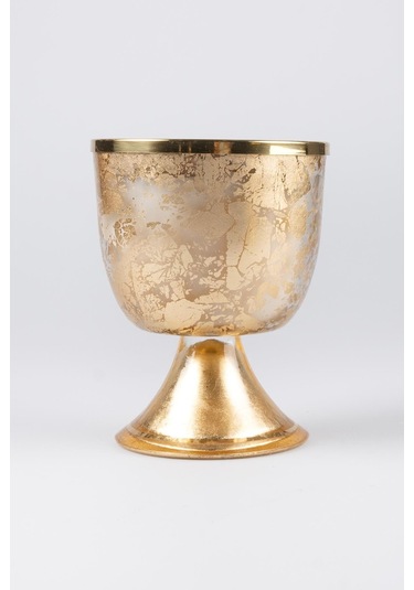 Altın Varak Eskitme Ayaklı Cam Mumluk Kokusuz Mum Logo Kapaklı Orta 12x15 Cm